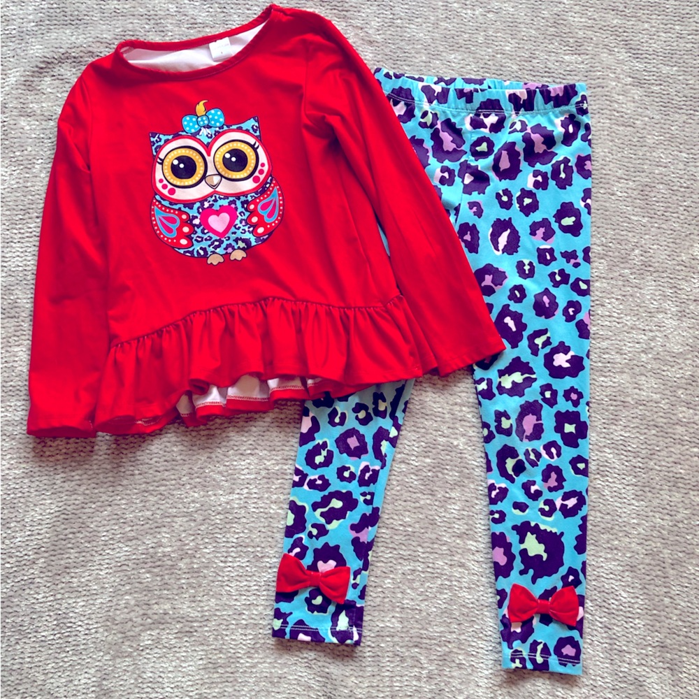 Penelope Plumm Outfit Leggings Top Owl‎ Animal Print Heart Bows Turquoise 6